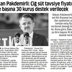 BAKAN PAKDEMİRLİ’DEN SÜT ÜRETİCİLERİNE VE BÜYÜKBAŞ HAYVAN ÜRETİCİLERİNE MÜJDE