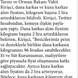 Tarım ve Orman Bakanı Prof. Dr. Vahit Kirişçi, Et ve Süt Kurumunun Üreticiden Alacağı Karkas Etin Fiyatını İki Lira Artırdığını Açıkladı