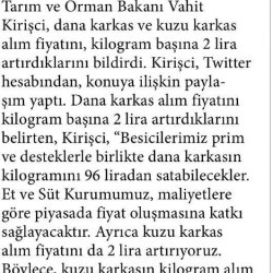 Tarım ve Orman Bakanı Prof. Dr. Vahit Kirişçi, Et ve Süt Kurumunun Üreticiden Alacağı Karkas Etin Fiyatını İki Lira Artırdığını Açıkladı