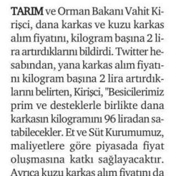 Tarım ve Orman Bakanı Prof. Dr. Vahit Kirişçi, Et ve Süt Kurumunun Üreticiden Alacağı Karkas Etin Fiyatını İki Lira Artırdığını Açıkladı