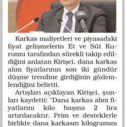 Tarım ve Orman Bakanı Prof. Dr. Vahit Kirişçi, Et ve Süt Kurumunun Üreticiden Alacağı Karkas Etin Fiyatını İki Lira Artırdığını Açıkladı